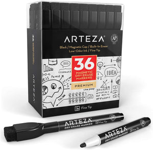 Dry Erase Markers with Magnetic Eraser Caps, Black, Fine Tip- 36 Pack