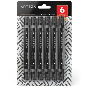 Fabric Markers, Black, Chisel & Fine Tip Dual-Tip - Pack of 6