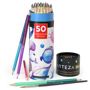 Kids Watercolor Pencils with Watercolor Brush, Double Sided -Set of 50