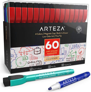 Dry Erase Markers with Magnetic Eraser Caps, Fine Tip, 4 Assorted Colors - Set of 60
