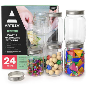 12 Plastic Mason Jars with Lids, Assorted Sizes
