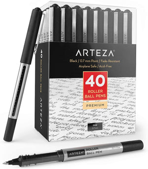 Roller Ball Pens, Black, 0.7mm Fine Nib - Pack of 40